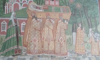 Святитель Тихон (Беллавин), патриарх Московский и всея России. Погребение свт. Тихона. Роспись святых врат Донского монастыря г. Москвы