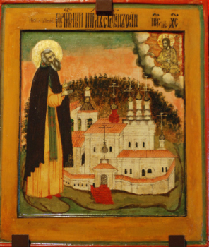 Преподобный Нил Столобенский. Преподобный Нил Столобенский на фоне монастыря, Центральная Россия, XVII