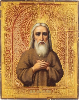 Преподобный Феодор Трихина («власяничный»). Св. Пр. Феодор Трихина. Россия, 1880-е гг. Темпера, золочение, дерево. 18 х 14 см. Частное собрание
