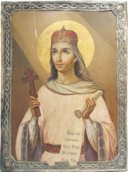 Великомученица Параскева Пятница. Икона в латунной раме "Св. Параскева". Дерево, масло, сусальное золочение. 64Х51,5. Россия, конец XIX в