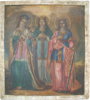 Великомученица Параскева Пятница. Икона в басме "Святые Александра, Варвара и Параскева". Дерево, масло. 81Х71. Россия, начало XIX в