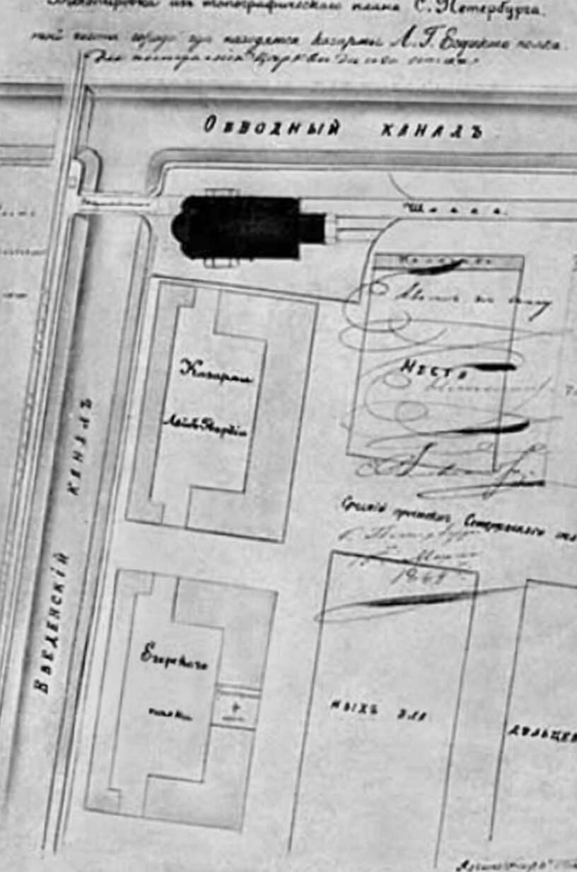 Мирониевская церковь Егерского полка на историческом плане Санкт-Петербурга