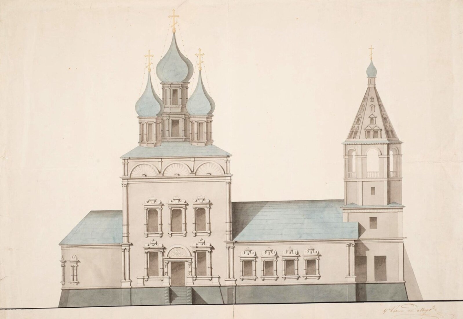 Чертеж северного фасада Церкви Ризоположения на Донской улице в Москве