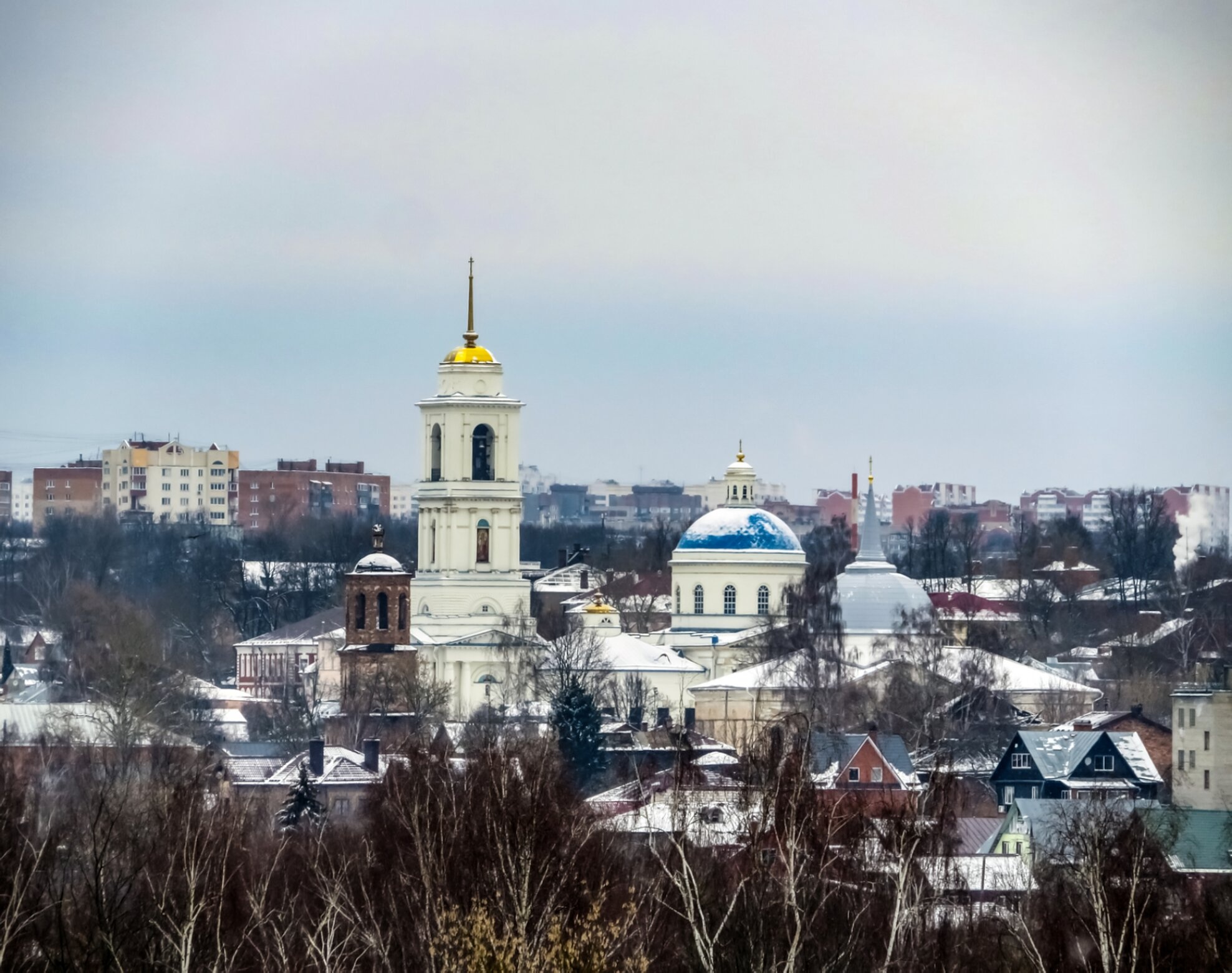 Вид на заснеженный Собор Николы Белого в Серпухове