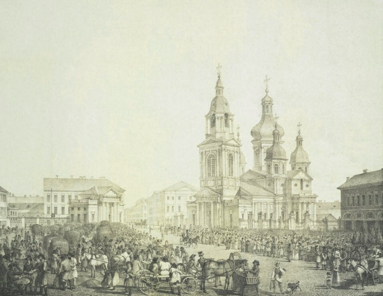 Сенная площадь и храм Спаса на Сенной в Санкт-Петербурге на рисунке 1822 года