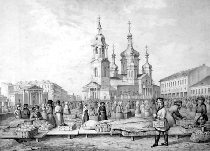 Сенная площадь и храм Спаса на Сенной в Санкт-Петербурге на исторической фотографии 1840-х годов