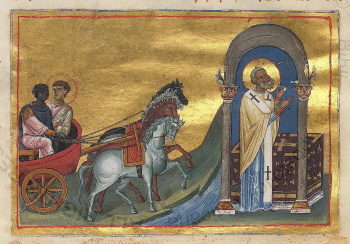 Миниатюра «Преподобный Симеон Столпник» (Минологий Василия II)