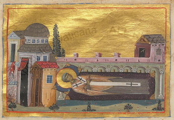 Миниатюра «Святитель Игнатий, патриарх Константинопольский» (Минологий Василия II)