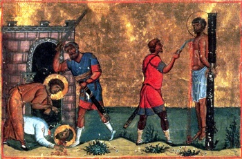 Миниатюра «Святые мученики Трофим, Савватий и Доримедонт» (Минологий Василия II)