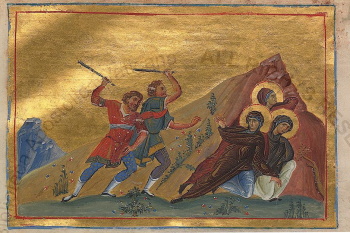 Икона святых мучениц Минодоры, Митродоры и Нимфодоры (Минологий Василия II)