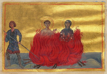 Миниатюра «Святые мученицы Кириена и Иулиания Киликийские» (Минологий Василия II)