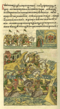 Святой благоверный князь Александр Невский. Ледовое побоище (миниатюра Лицевого летописного свода)