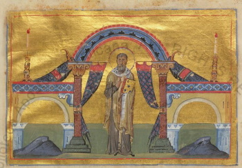 Миниатюра «Священномученик Феодот, епископ Киринейский» (Минологий Василия II)