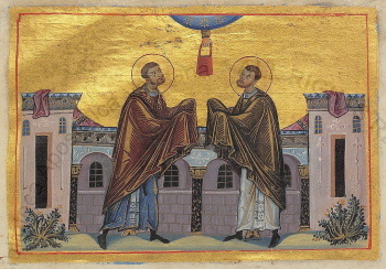 Святые бессребреники Косма и Дамиан. Миниатюра Минология Василия II