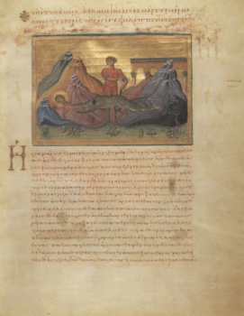 Миниатюра «Преподобный Симеон Столпник» (Минология Василия II)
