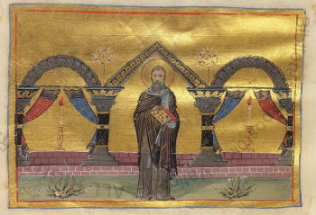 Миниатюра «Священномученик Феоктист, епископ» (Минологий Василия II)