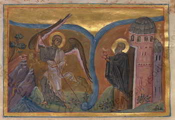 Чудо архангела Михаила в Хонех (миниатюра Минология Василия II)